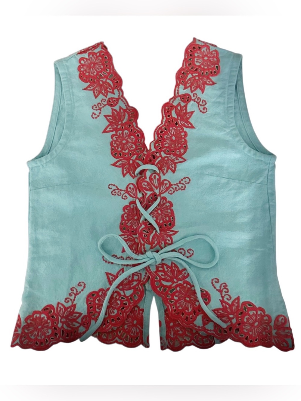 Tach Clothing Montserrat Linen Turquoise Red Lace Up Tank Top Size S